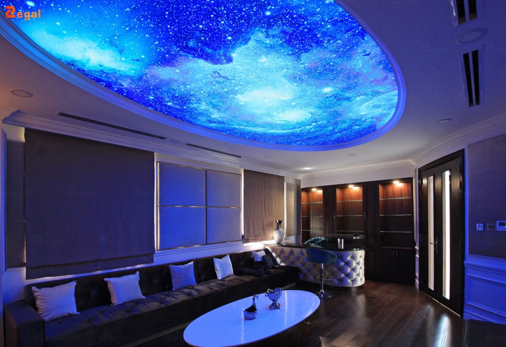 The room feels as if it opens upward, eliminating the sense of compression caused by a low ceiling