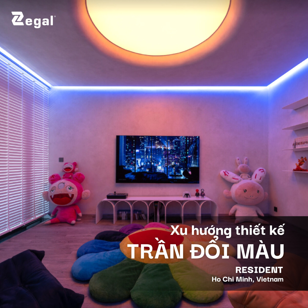 Modern color-changing translucent ceiling for the living room of a house.