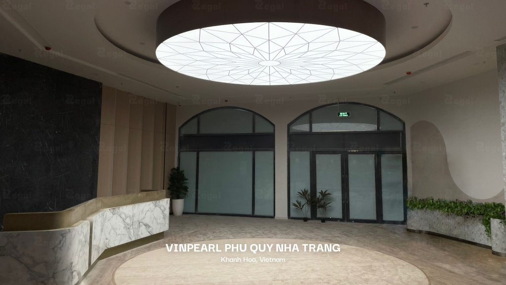 Translucent ceilings with printed artwork in modern spaces.