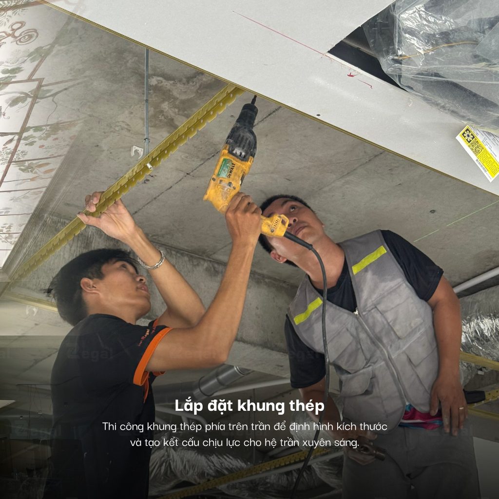 Steel frame installation: Constructing a steel frame above the ceiling to define the dimensions and load-bearing structure for the translucent ceiling.