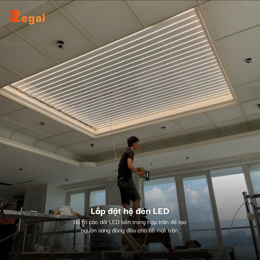 Arrange LED strips inside the ceiling box to create a uniform light source for the ceiling surface.