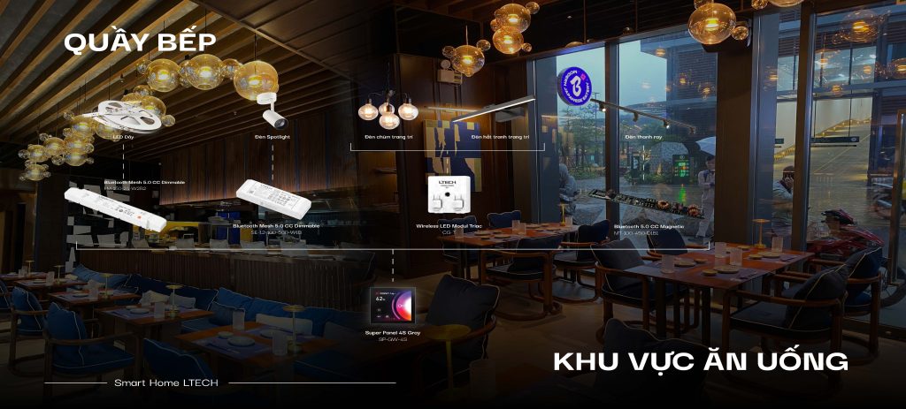 Hệ thống điều khiển LTECH tại khu vực bếp mở và ăn uống