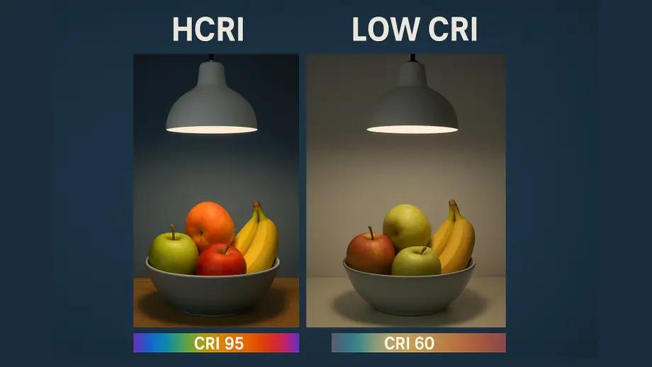 Comparison of color reproduction capabilities between low-CRI and high-CRI LED lights (Internet source).