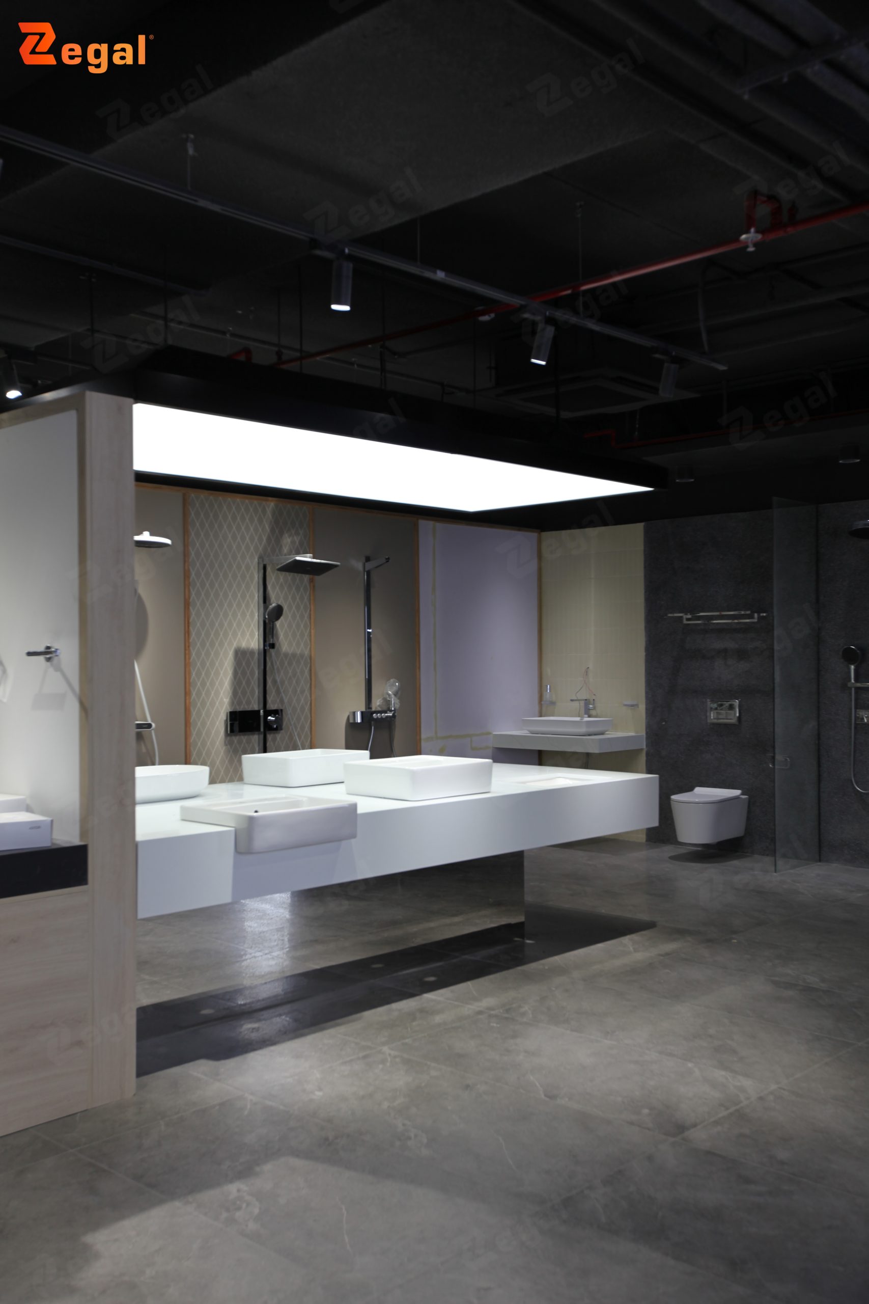 Diffused light helps highlight the shapes and materials of the sanitary ware.