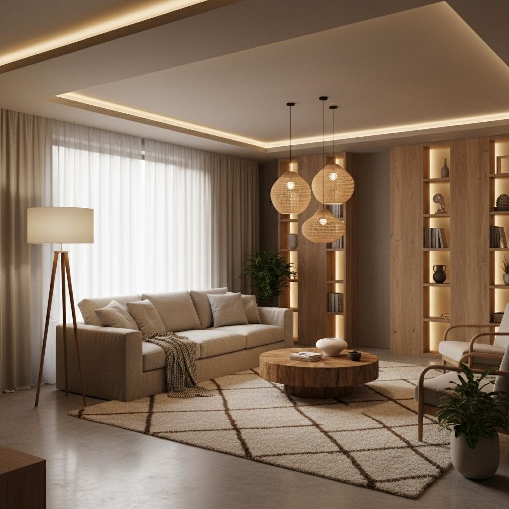 Phòng khách kết hợp ánh sáng tổng thể, đèn hắt trần và đèn trang trí cho nhiều hoạt động (nguồn Internet).