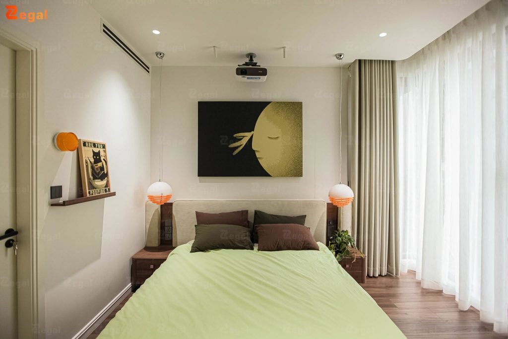 Smart lighting phòng ngủ cho phép điều chỉnh độ sáng và tạo nhiều kịch bản ánh sáng theo nhu cầu. 