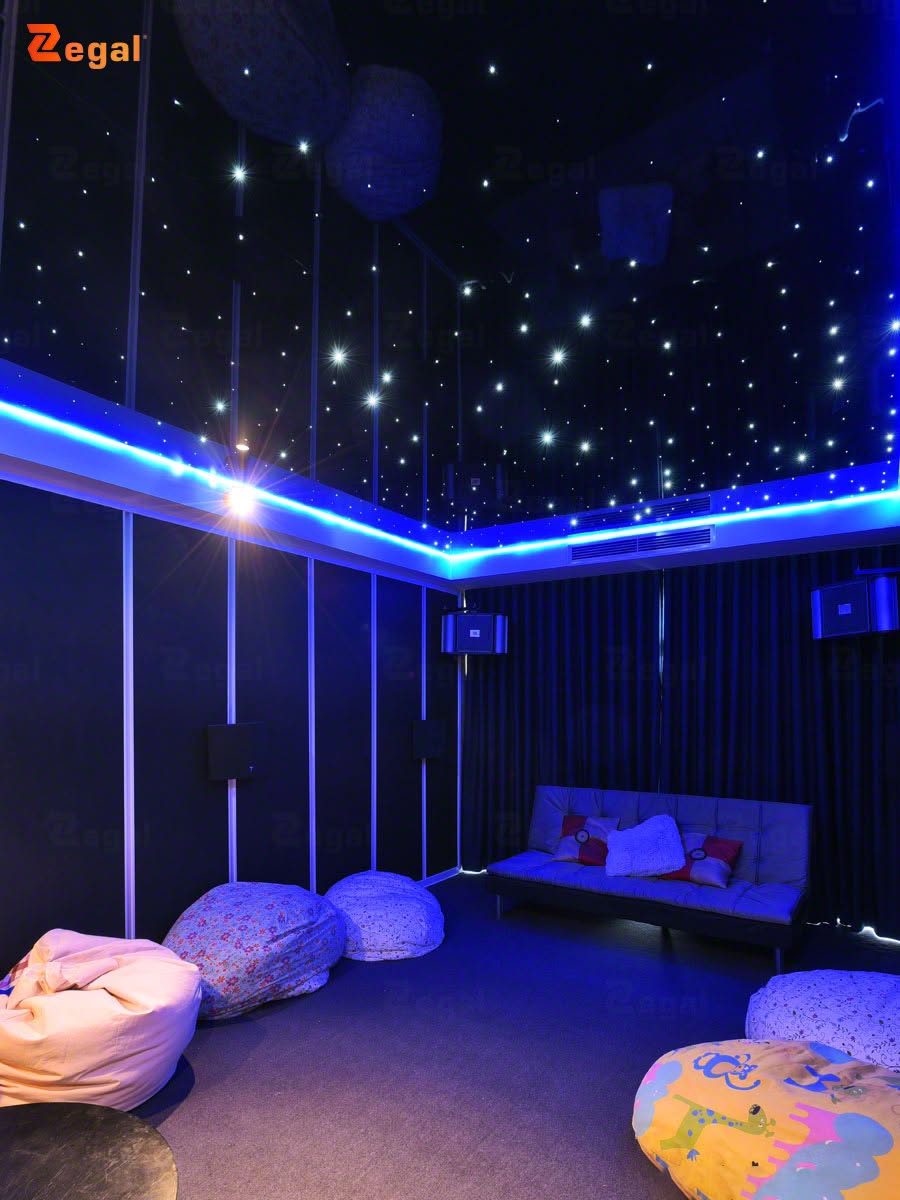 A color-changing starlight ceiling powered by an RGB generator and a controller.