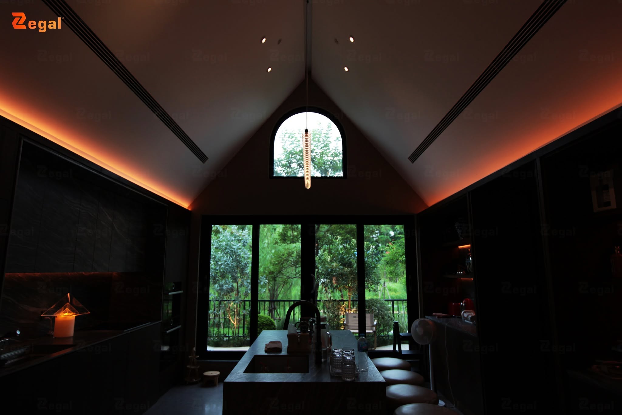 Recessed LED lighting combined with indirect, reflected light adds depth to a space.
